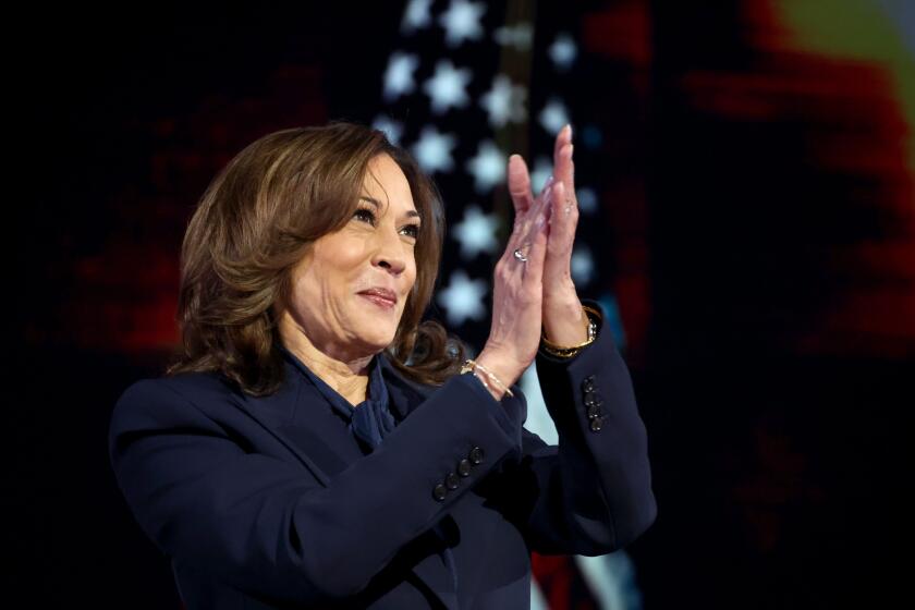 CHICAGO, IL AUGUST 22, 2024 - Democratic presidential nominee Vice President Kamala Harris speaks during the Democratic National Convention Thursday, Aug. 22, 2024, in Chicago, IL. (Robert Gauthier/Los Angeles Times)