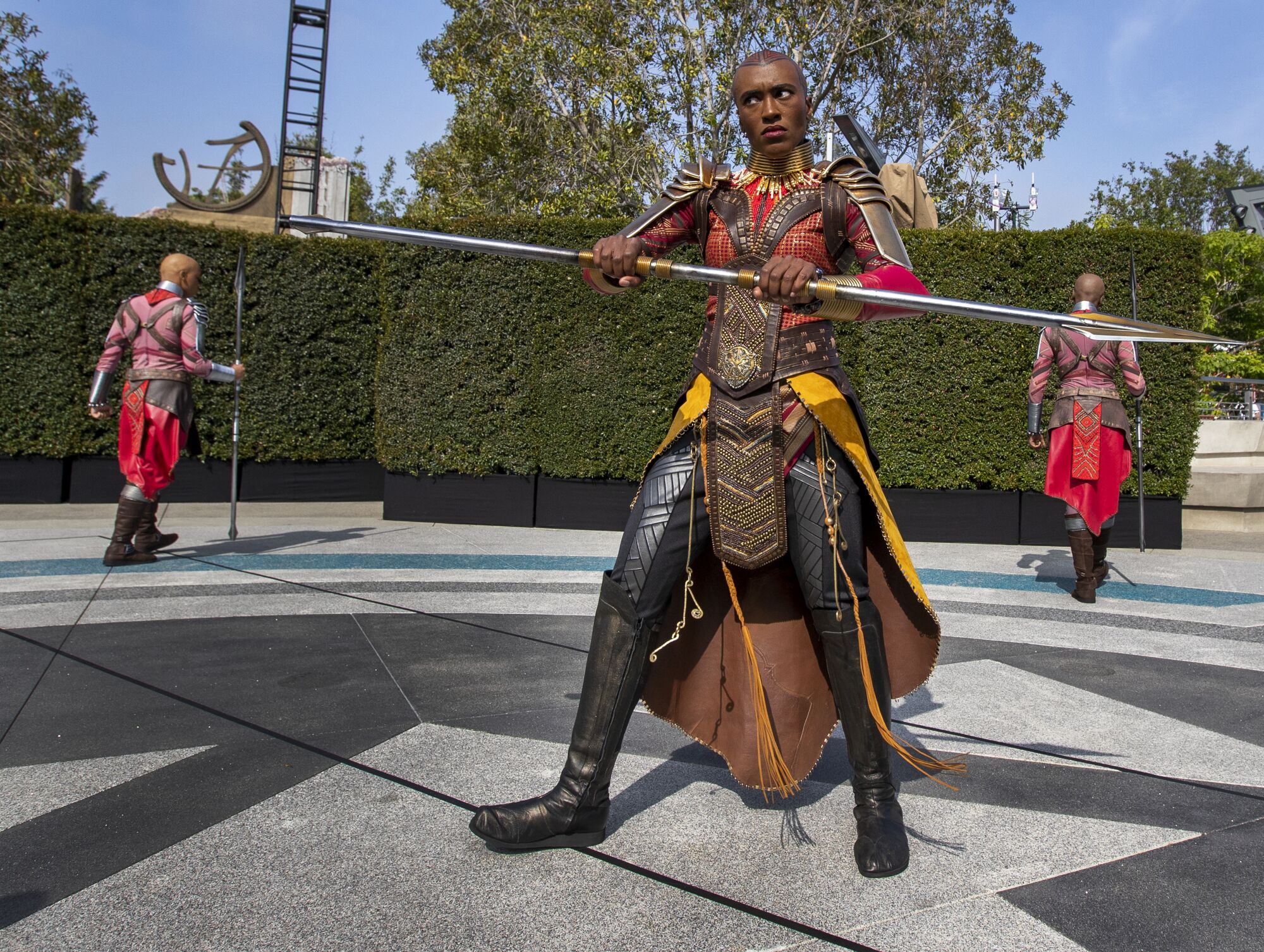 Dora Milaje perform during a media preview of Avengers Campus at California Adventure