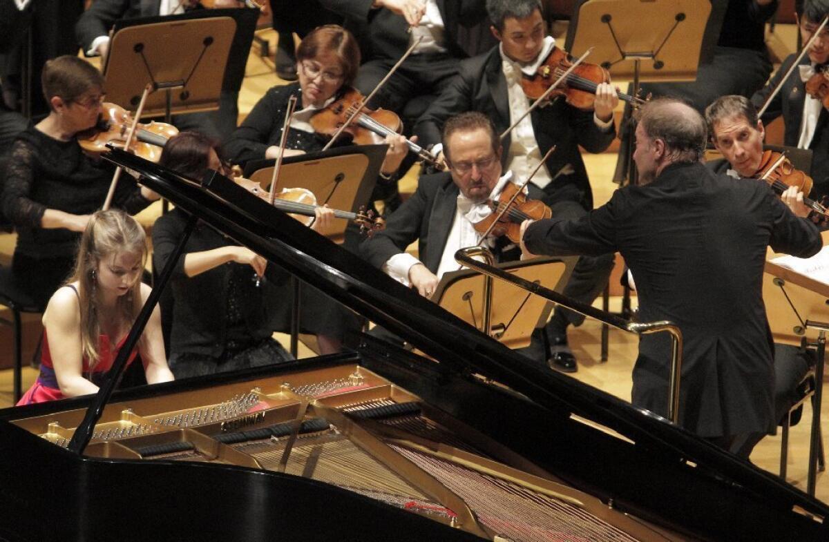 French pianist Lise de la Salle plays with the Los Angeles Philharmonic, conducted by Gianandrea Noseda in an all-Rachmaninoff program at Walt Disney Concert Hall in Los Angeles.