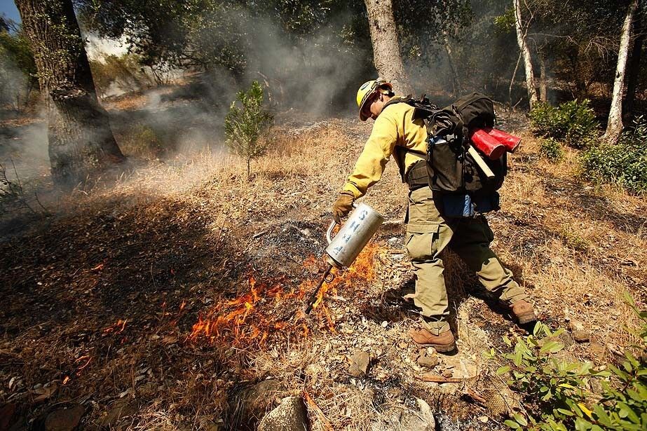 Ty Charlton with the Rio Bravo Hotshots firefighting crew lights a backfire near the Upper Oso campground in the Las Padres National Forest.