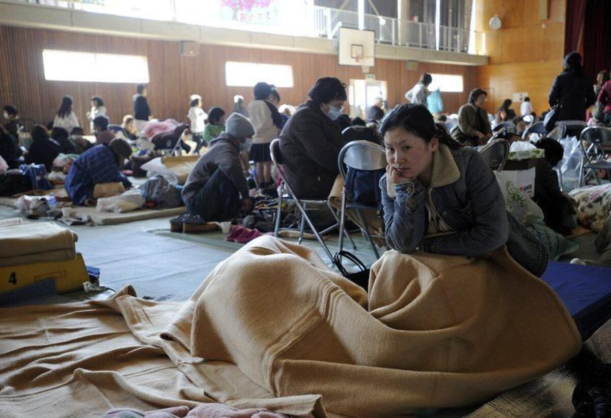 A gymnasium in Oarai, Ibaraki prefecture, Japan, provides temporary shelter for residents.