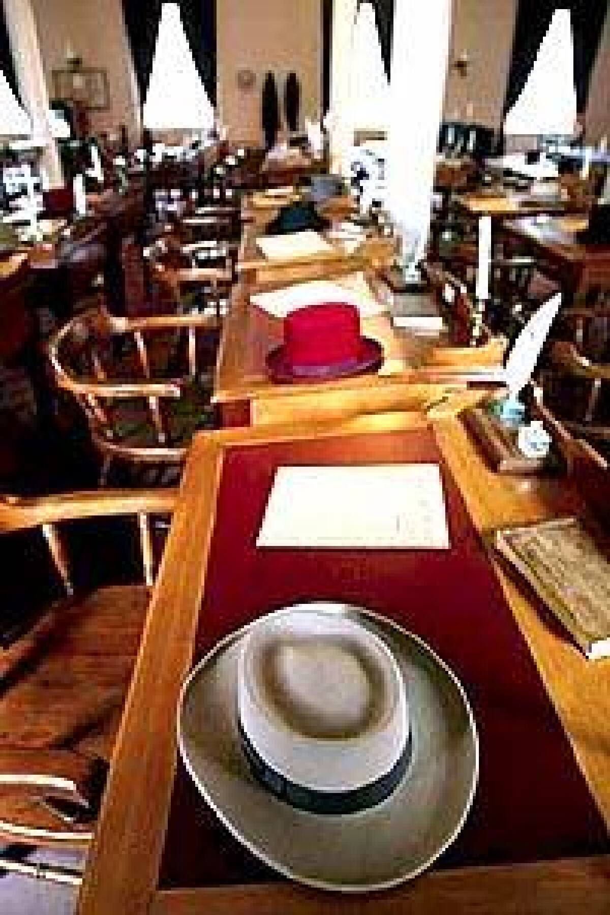 At Benicia Capitol State Historic Park, the room where state legislators met in 1853 and 54 has been restored in detail, including hats and quill pens reflecting the period.