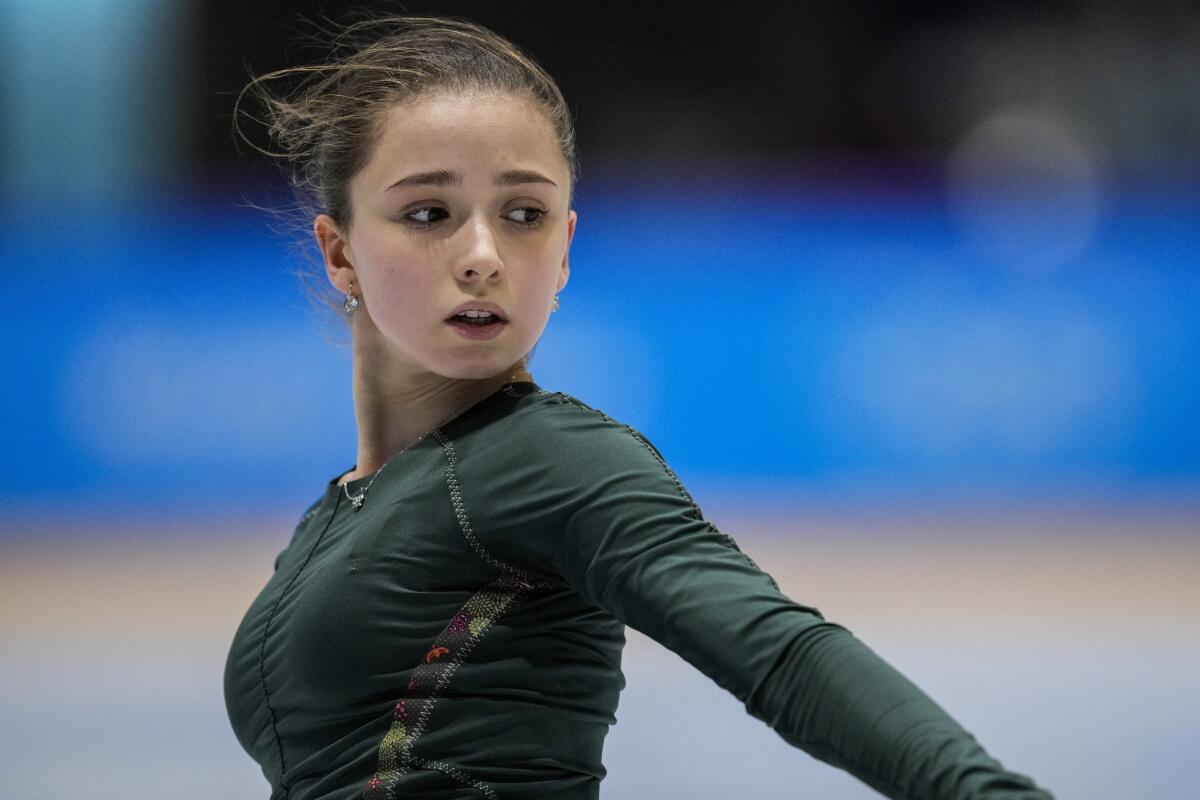 Kamila Valieva, of the Russian Olympic Committee, trains at the 2022 Winter Olympics