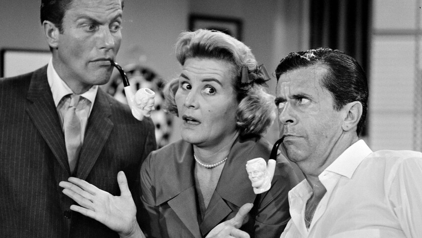 Rose Marie as comedy writer Sally Rogers on “The Dick Van Dyke Show,” flanked by costars Dick Van Dyke, left, and Morey Amsterdam.