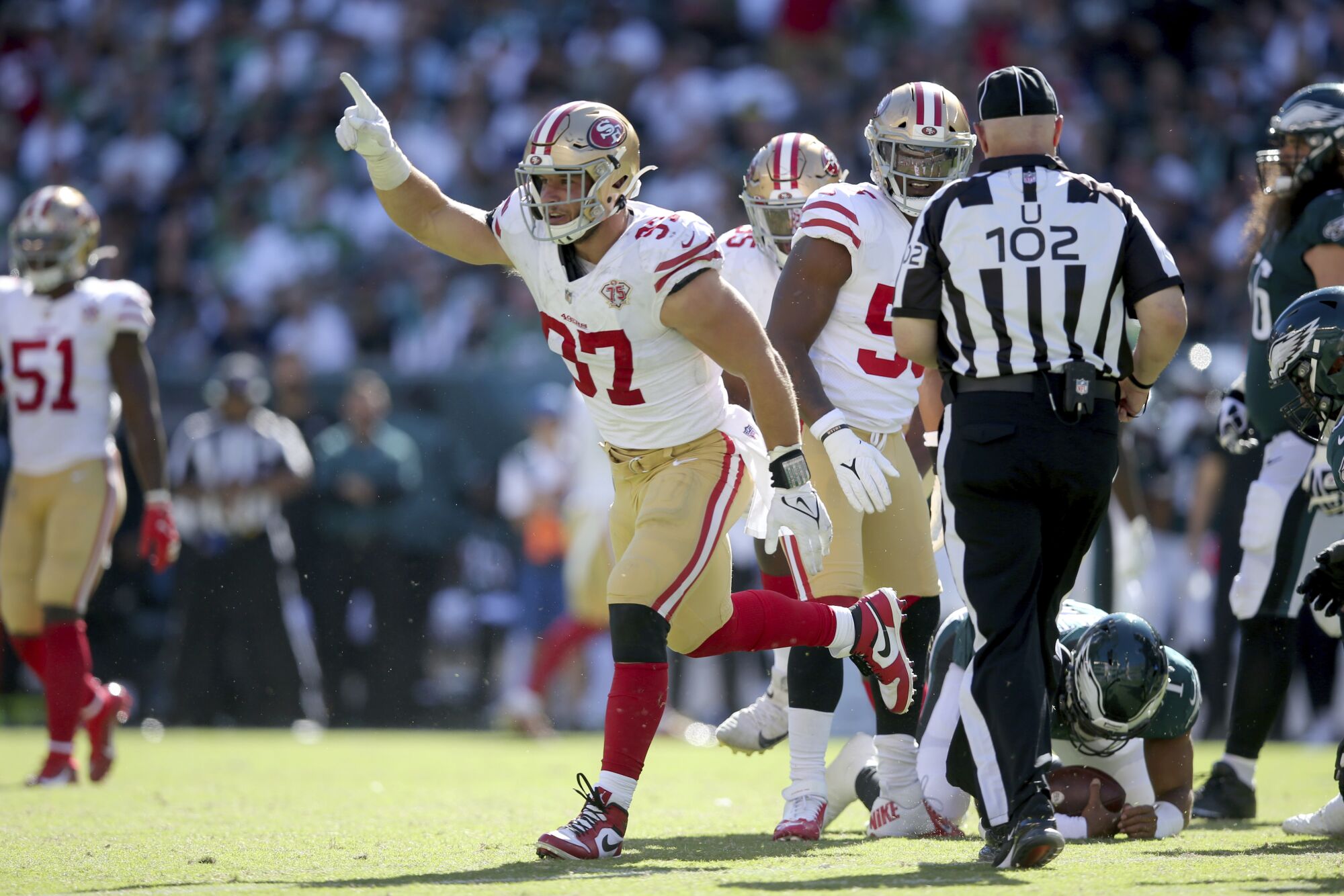 San Francisco 49ers defensive end Nick Bosa in action against the Philadelphia Eagles.