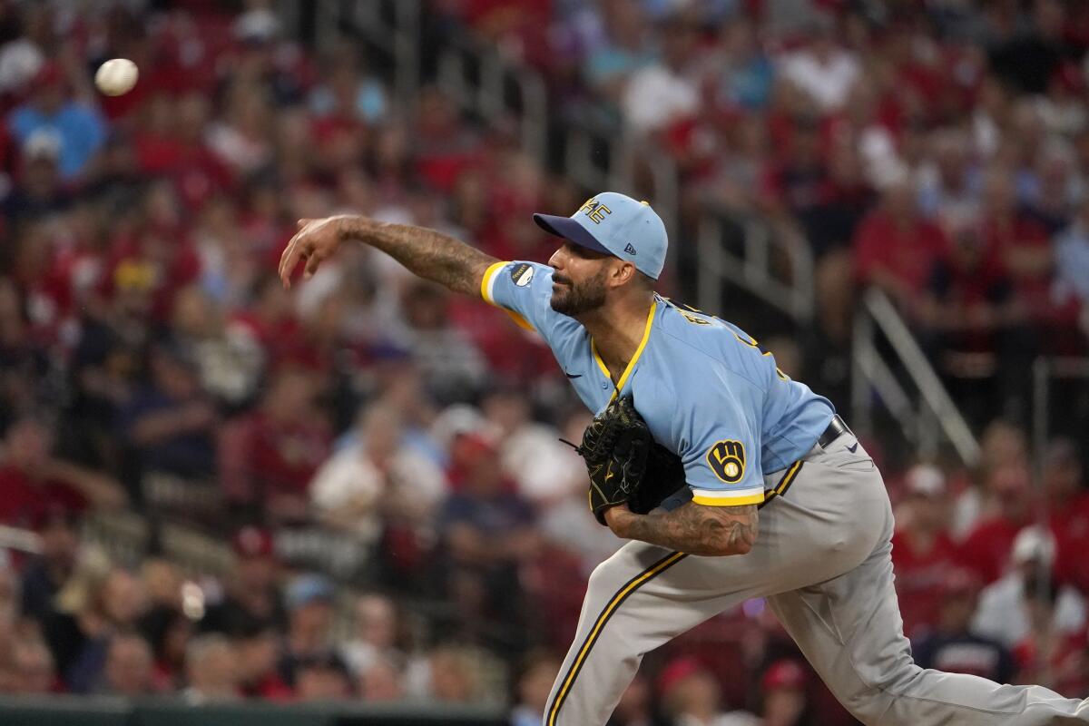 Milwaukee Brewers starting pitcher Matt Bush throws during the first inning of a baseball game against the St. Louis Cardinals Tuesday, Sept. 13, 2022, in St. Louis. (AP Photo/Jeff Roberson)