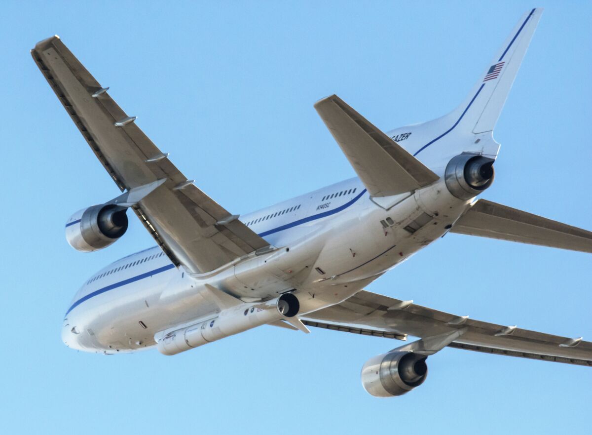In this Oct. 1, 2019 photo made available by NASA, a Northrop Grumman L-1011 Stargazer aircraft takes off from Vandenberg Air Force Base in Calif. The company's Pegasus XL rocket, containing NASA's Ionospheric Connection Explorer (ICON), is attached beneath the aircraft. The explorer is targeted to launch on Oct. 9, 2019, from Cape Canaveral Air Force Station in Florida. ICON will study the frontier of space - the dynamic zone high in Earth's atmosphere where terrestrial weather from below meets space weather above. (Randy Beaudoin/NASA via AP)