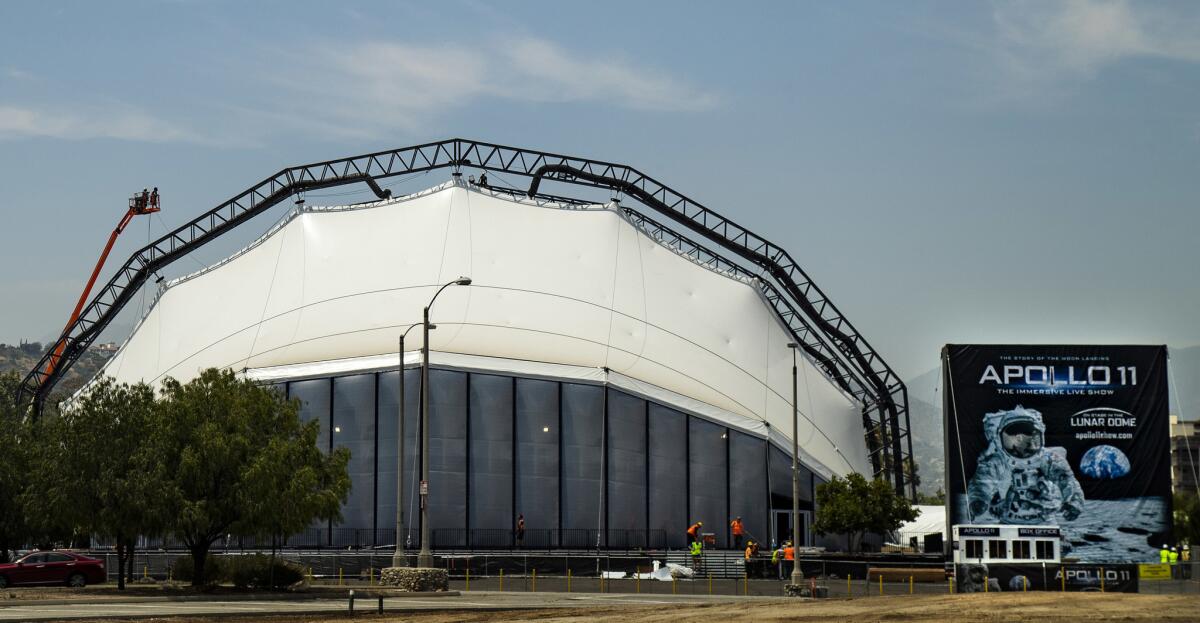 The Lunar Dome for "Apollo 11 — The Immersive Live Show" in the parking lot of the Rose Bowl.