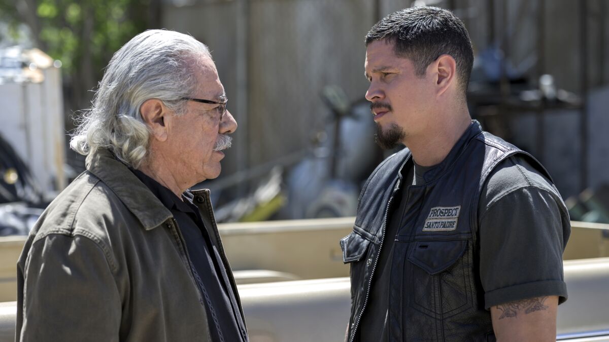 Edward James Olmos, left, and JD Pardo in the season premiere of "Mayans M.C." on FX.