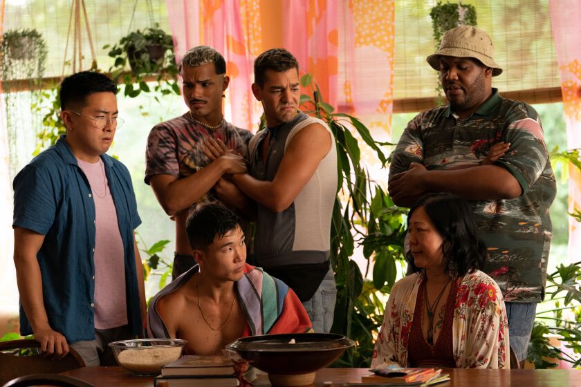 Bowen Yang (from left), Tomas Matos, Matt Rogers, Torian Miller, Joel Kim Booster and Margaret Cho in the film "Fire Island."