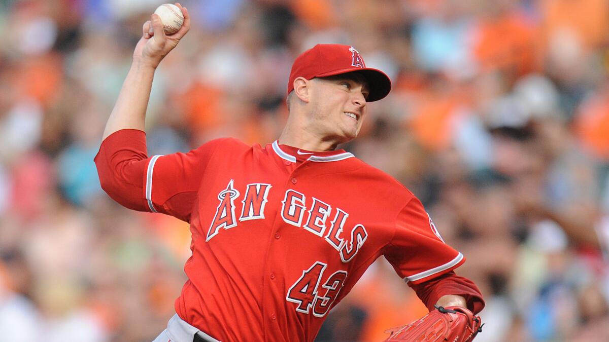 Angels starter Garrett Richards delivers a pitch during the first inning of the Angels' 4-3 loss to the Baltimore Orioles on July 30.