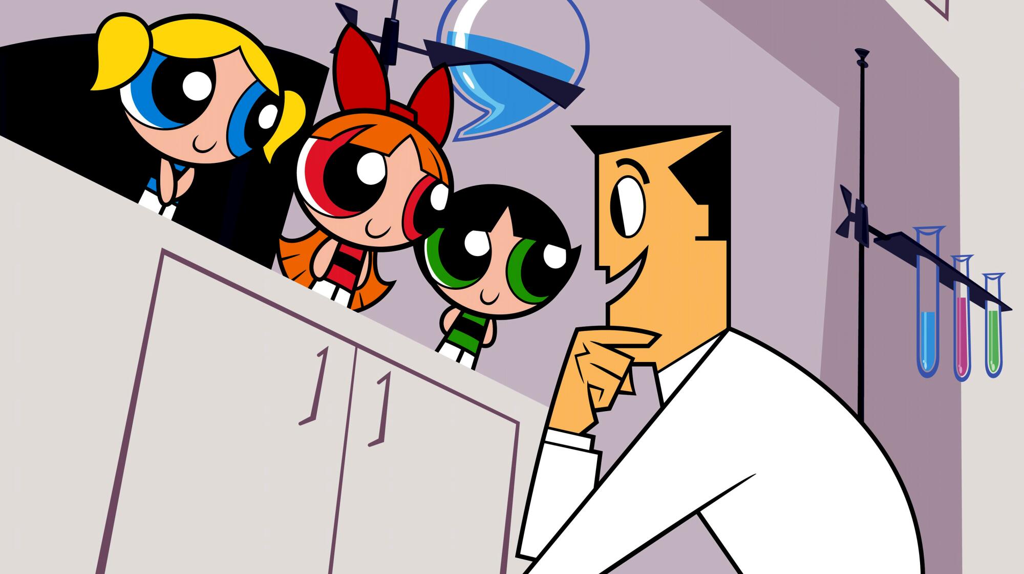 Bubbles, Blossom and Buttercup stand on a laboratory cabinet as Professor Utonium looking at them.