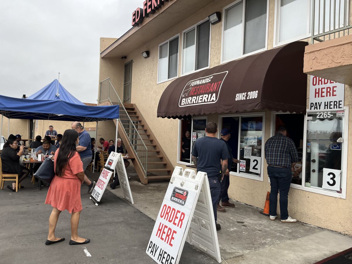 Service and seating at Ed Fernandez Restaurant Birrieria in San Diego's South Bay neighborhood of Nestor is walk-up only.