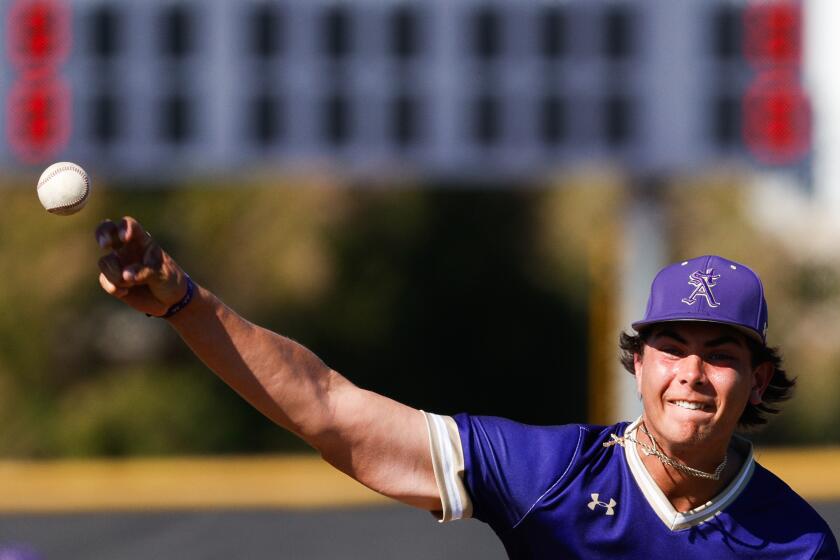 San Diego, CA - April 10: St. Augustine's Grayson Boles (1) pitches against Patrick Henry during their game at Hickman Field on Wednesday, April 10, 2024 in San Diego, CA. (Meg McLaughlin / The San Diego Union-Tribune)