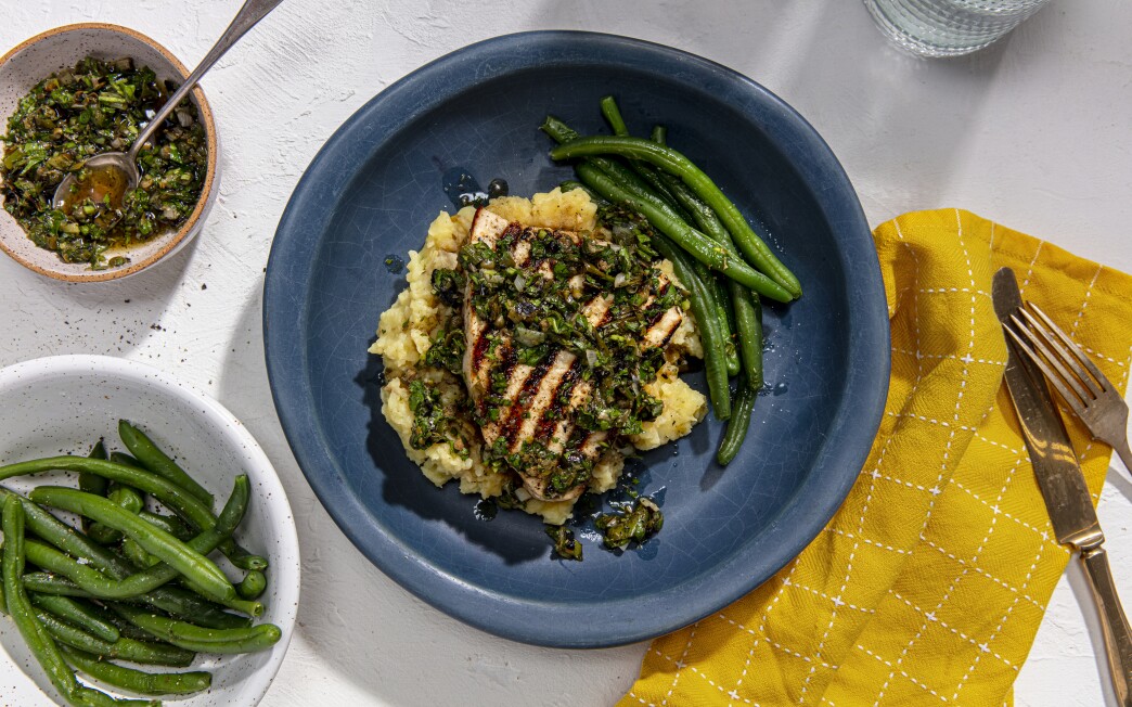 Grilled Swordfish With Quick Crushed Potatoes and Parsley-Caper Relish