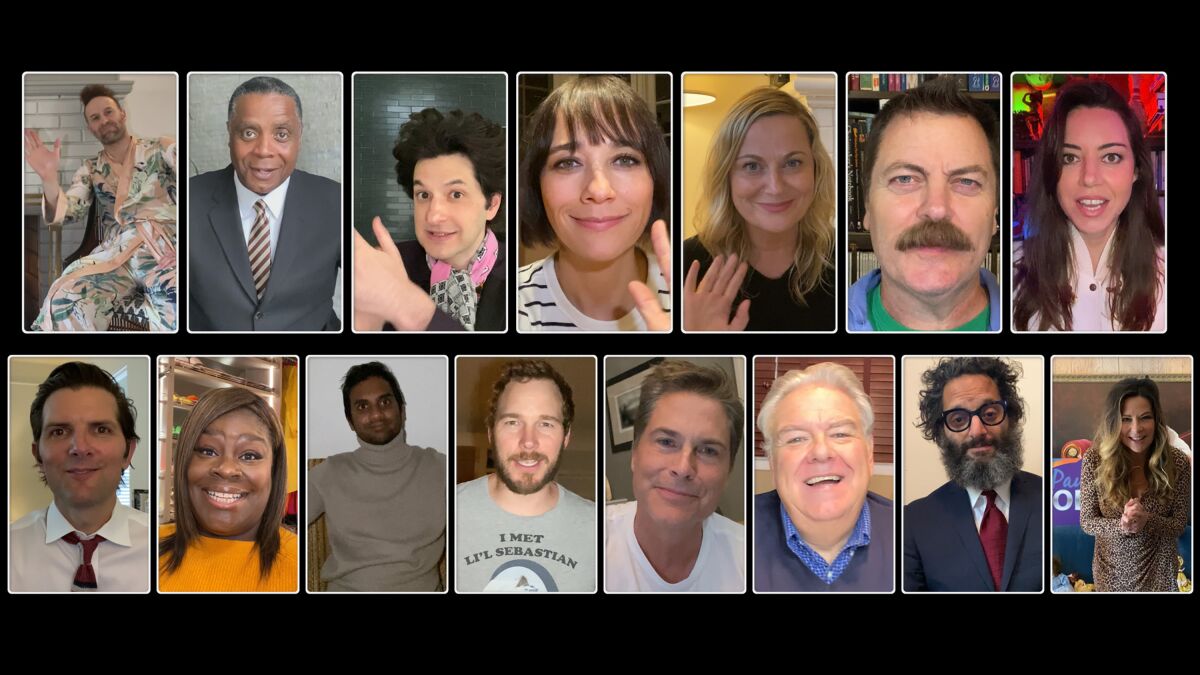 A frame grab from April's "Parks and Recreation Special," an example of adaptations TV has made to the pandemic