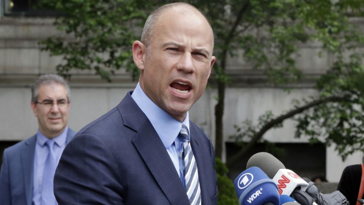 Michael Avenatti talks to the media after a federal court hearing in New York on May 30, 2018.