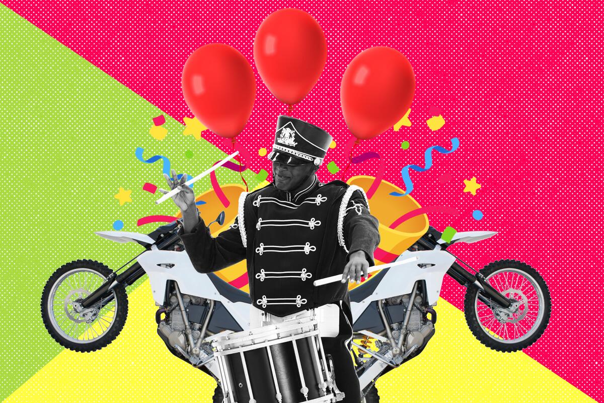 photo collage of a marching band member with balloons, motorcycles and confetti around him.