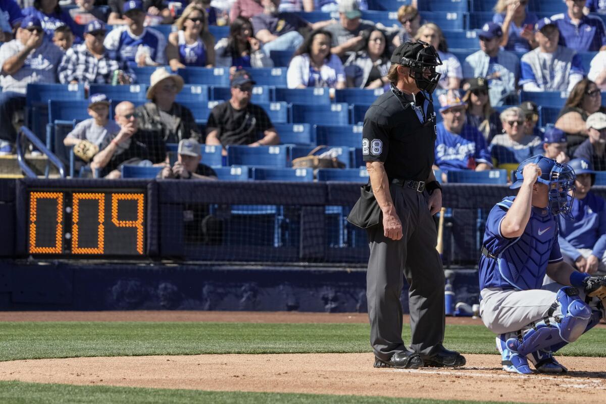 A pitch clock is seen during a spring training game between the Dodgers and the Milwaukee Brewers in Phoenix on Feb. 25. 