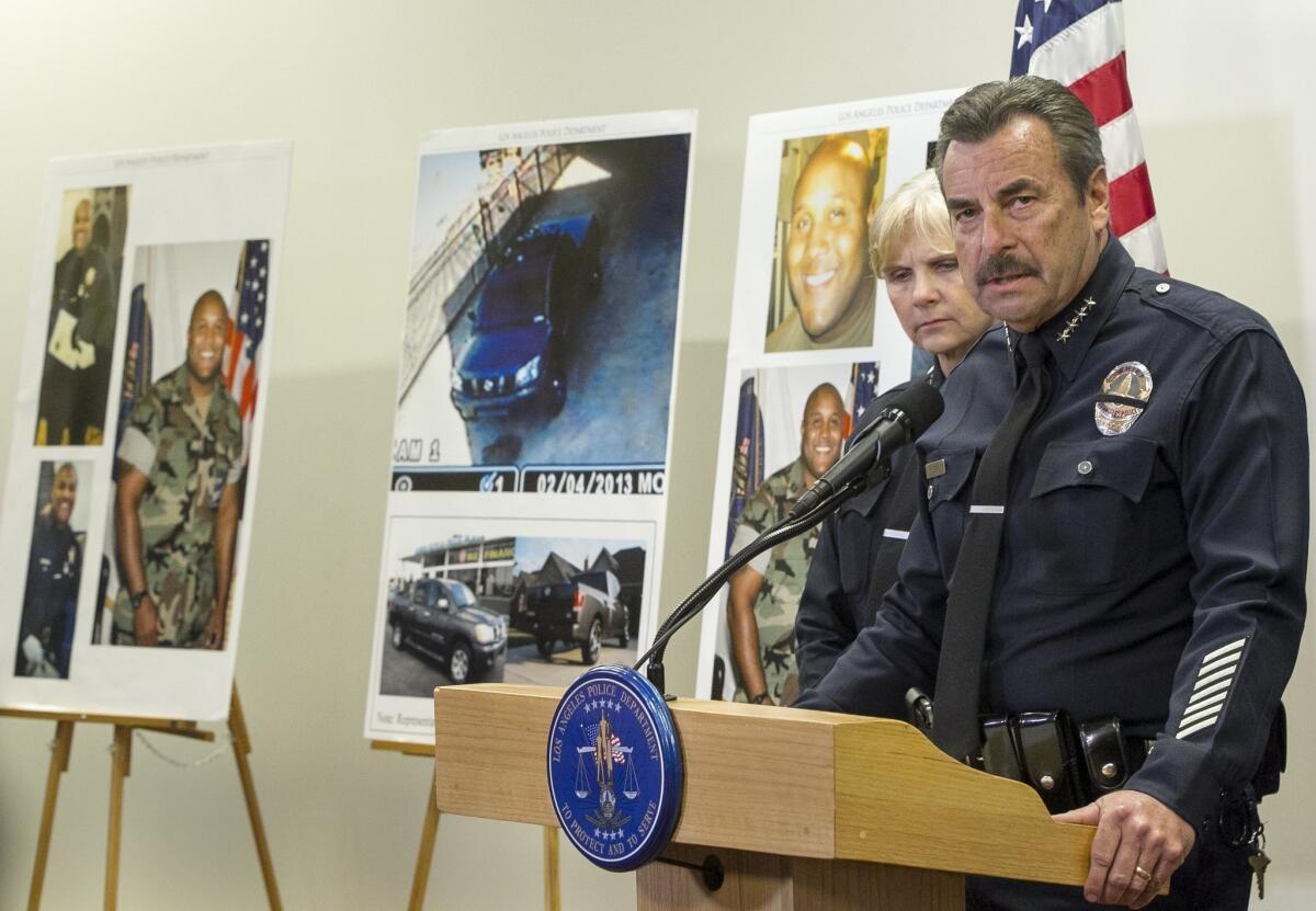 Prominent civil rights attorney Connie Rice acknowledges that Christopher Dorner may well have felt devastated when he lost his LAPD job, but in accusing the department of racism he falsely appropriated the real hostility experienced by the department's black pioneers. Above: During Dorner's killing spree, Los Angeles Police Chief Charlie Beck met with the press to discuss the results of an internal review that he ordered to determine if Dorner's firing was justifiable.