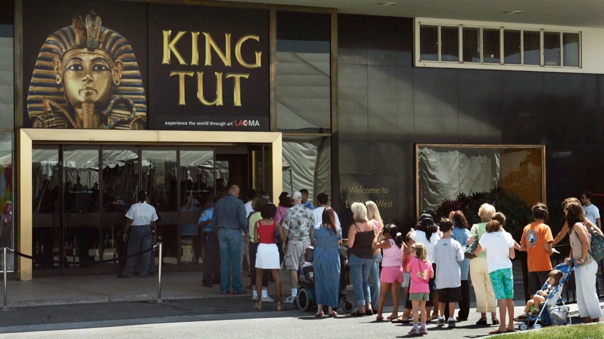 People line up for the "Tutankhamun and the Golden Age of the Pharaohs" exhibit at the Los Angeles County Museum of Art in July 2005. A new exhibit of King Tut artifacts will kick off in Los Angeles at the California Science Center in March.