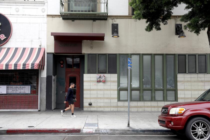 LOS ANGELES, CA - JUNE 13: Sanborn Hotel Apartments at 526 S. Main St. LA 90013 in downtown on Tuesday, June 13, 2023 in Los Angeles, CA. "Skid Row Housing Trust provides permanent supportive housing so that people who have experienced homelessness, prolonged extreme poverty, poor health, disabilities, mental illness and/or addiction can lead safe, stable lives in wellness. (Mission Statement from Skid Row Housing Trust website)." Collapse of Skid Row Housing Trust. (Gary Coronado / Los Angeles Times)