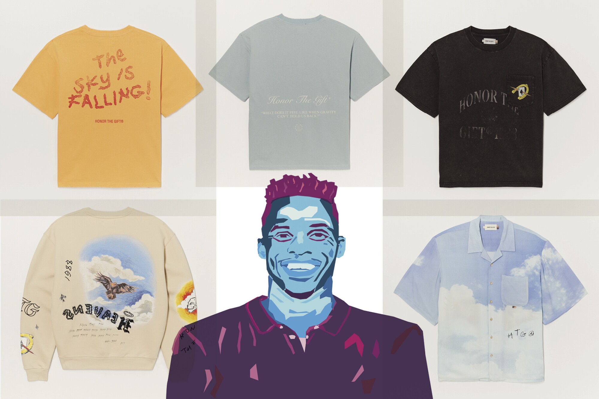 An illustration of Russell Westbrook surrounded by shirts from his latest Honor the Gift collection.
