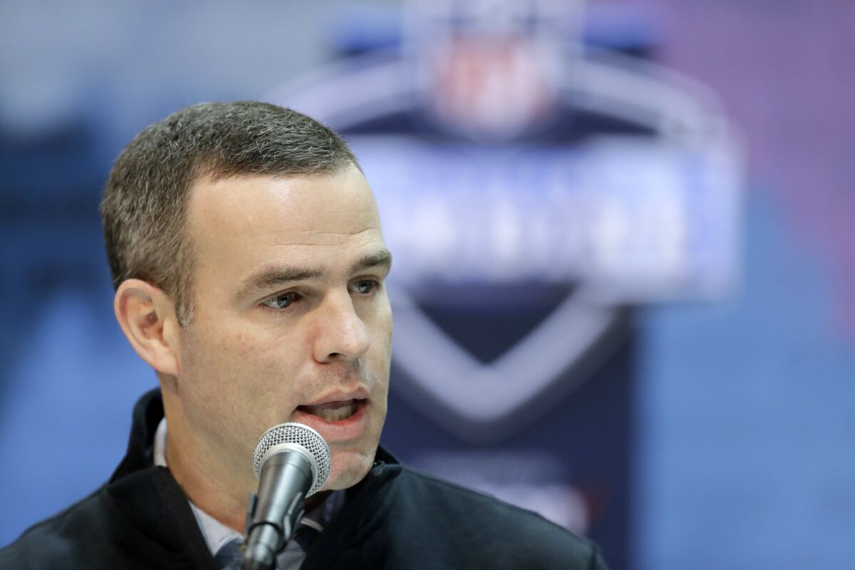 FILE - In this Feb. 28, 2019, file photo, Buffalo Bills general manager Brandon Beane speaks during a press conference at the NFL football scouting combine in Indianapolis. The heavy lifting is hardly done for Beane after the Bills general manager completed making much-needed upgrades to Buffalo's pass rush, and restocking the roster's depth at the NFL draft this weekend (AP Photo/Darron Cummings, File)