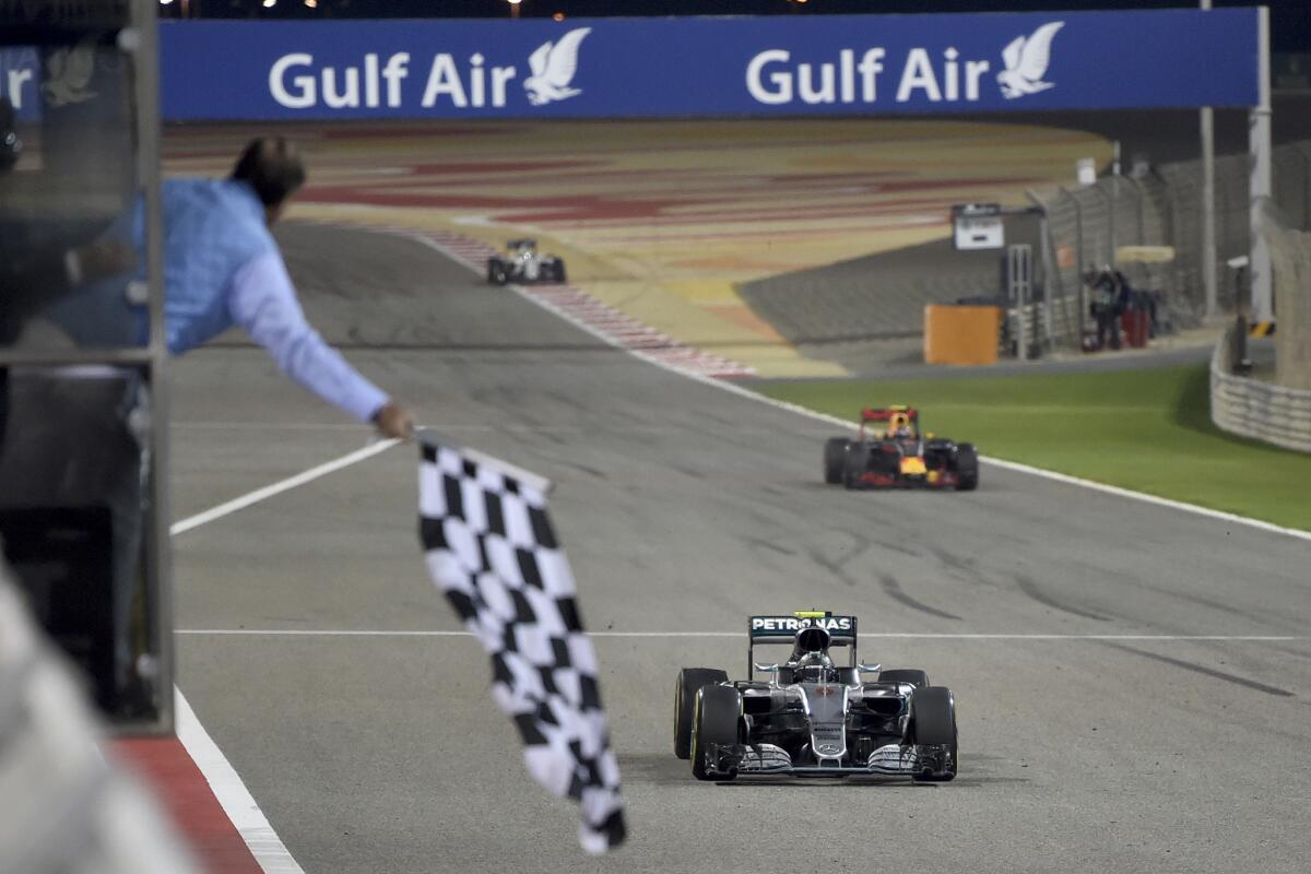 Nico Rosberg of Germany crosses the finish line to win the Bahrain Formula One Grand Prix on April 3.