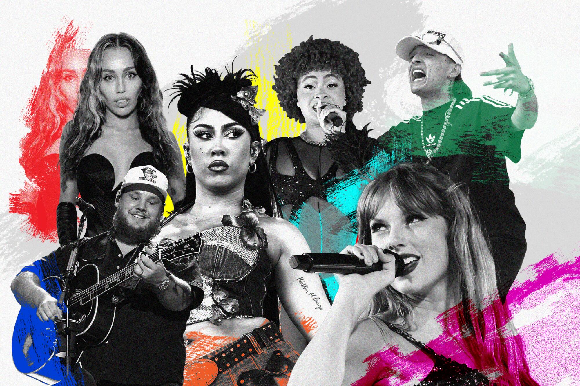 Photo illustration of six pop musicians