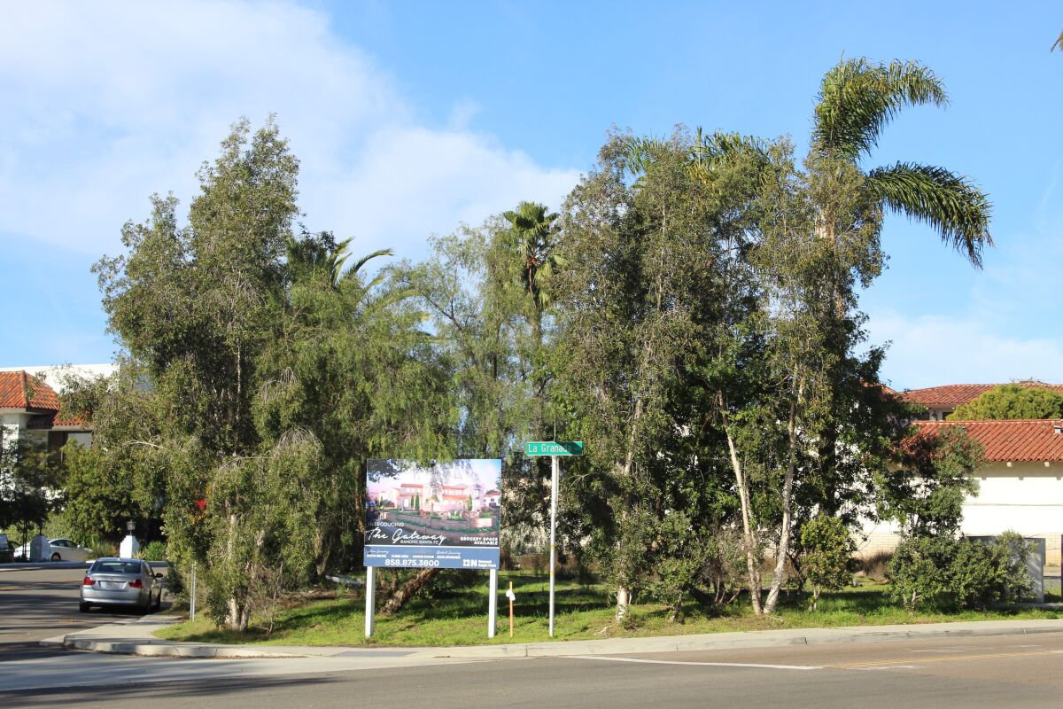 The site of the Rancho Santa Fe Gateway project at the entrance to the village where the gas station is now.
