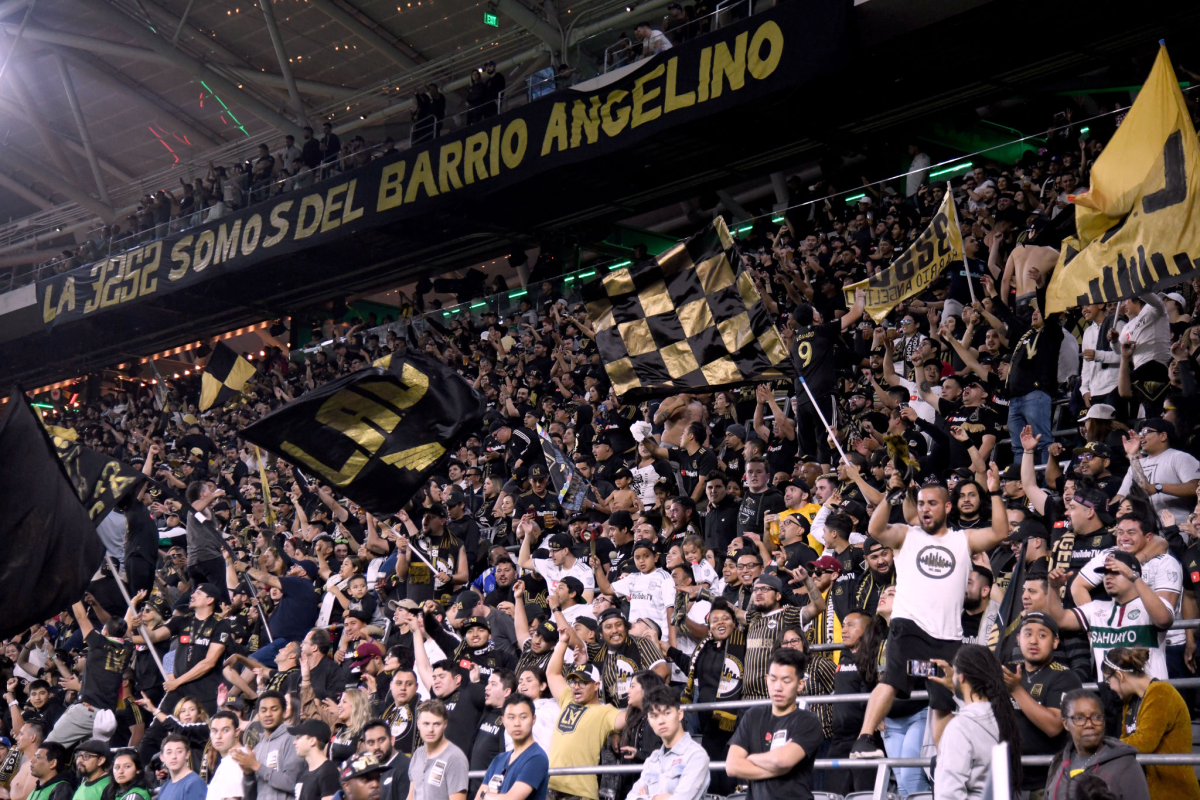LAFC fans cheer during a match against FC Cincinnati on April 13, 2019.