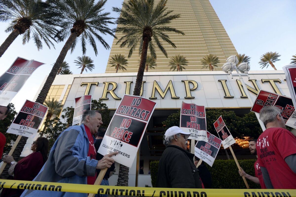 Hundreds of workers for the Culinary Workers Union protest outside the Trump International Hotel Las Vegas earlier this year.