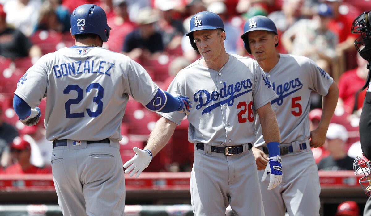 Dodgers' Adrian Gonzalez (23) is congratulated by Chase Utley (26) after hitting a three-run home run against the Cincinnati Reds in the first inning Monday.