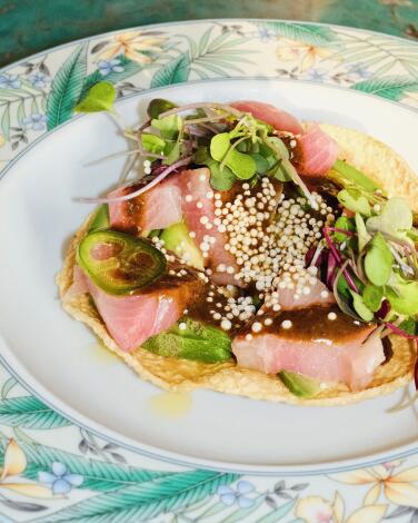 A yellowtail tostada topped with with serrano peppers, rice puffs, micro greens and brown dressing on a patterned plate