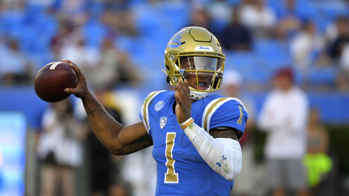 UCLA quarterback Dorian Thompson-Robinson passes during the first half against Oklahoma on Saturday at the Rose Bowl.