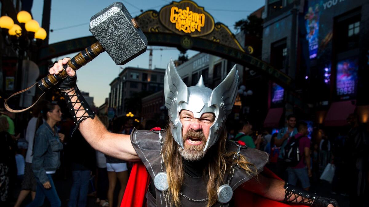 James Lee Ault, of South Austin Texas, cosplaying outside Comic-Con 2015 as Marvel's Thor, in San Diego's Gaslamp Quarter. (Kent Nishimura / Los Angeles Times)