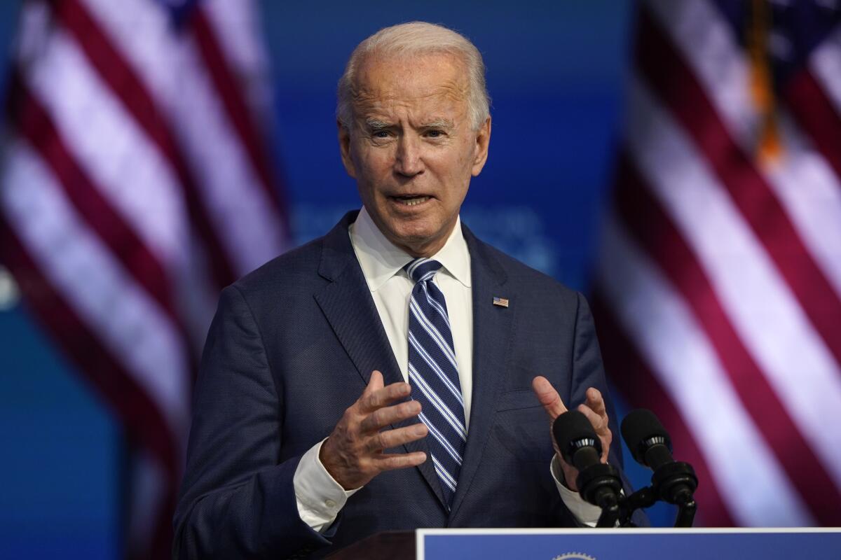 President-elect Joe Biden speaks Tuesday at the Queen theater in Wilmington, Del.