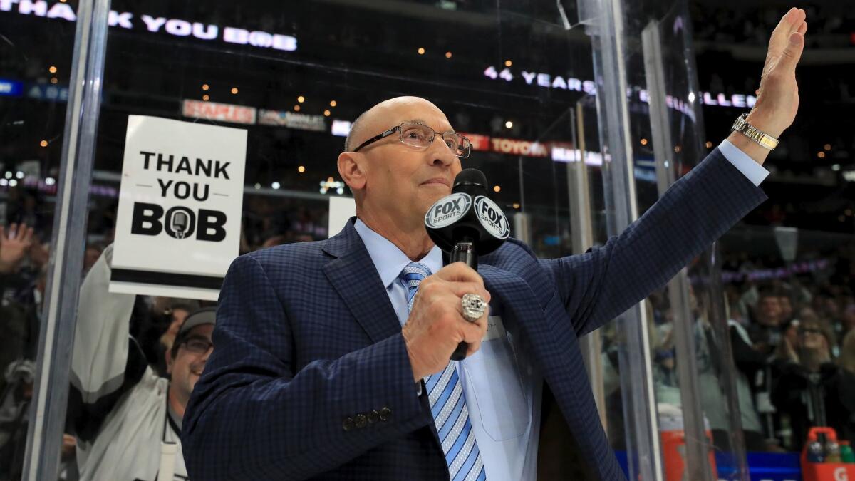 Retiring Kings broadcaster Bob Miller waves to the crowd after his last home game at Staples Center on April 8.