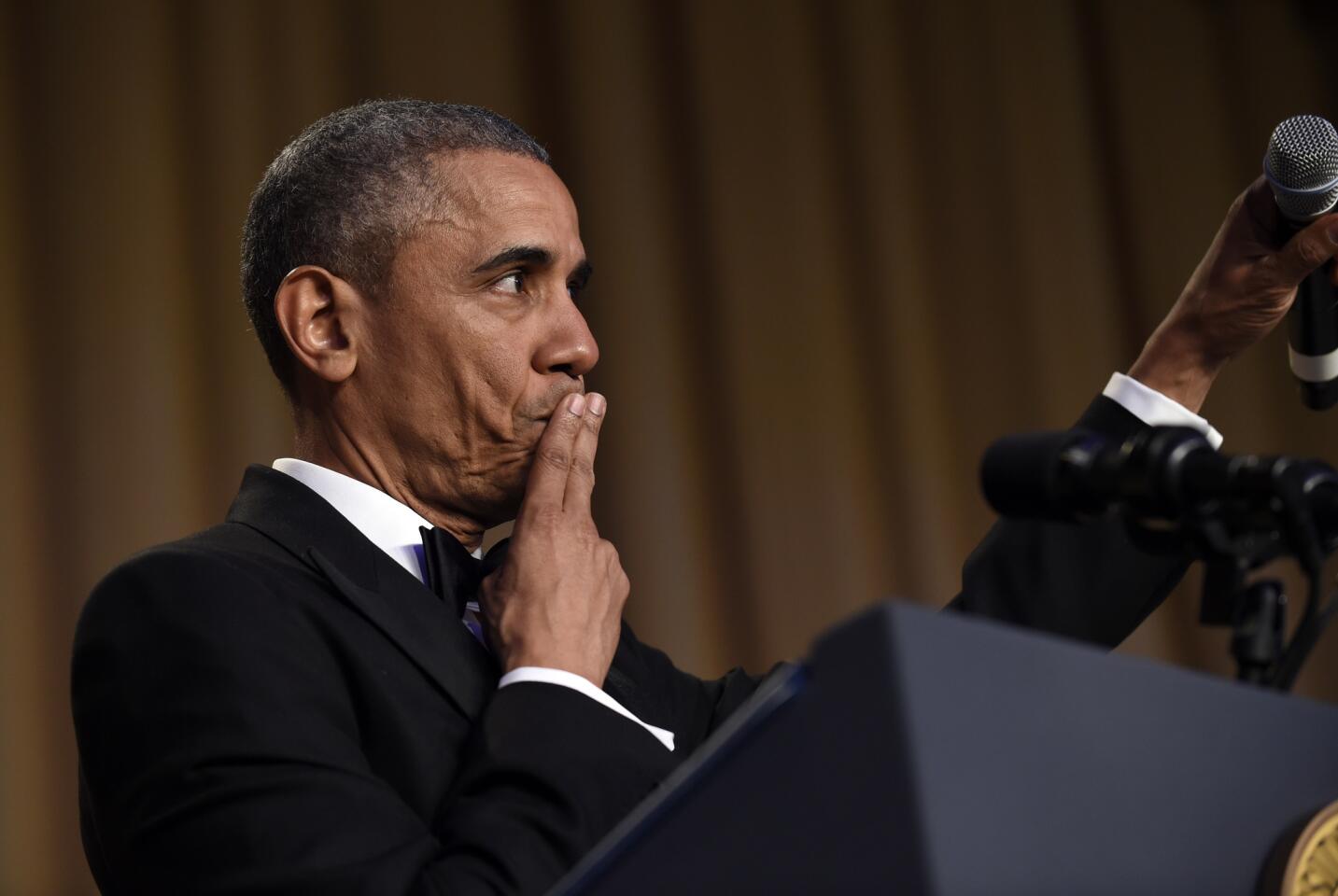 President Barack Obama concludes his remarks after speaking at the annual White House Correspondents' Association dinner at the Washington Hilton in Washington, Saturday, April 30, 2016.
