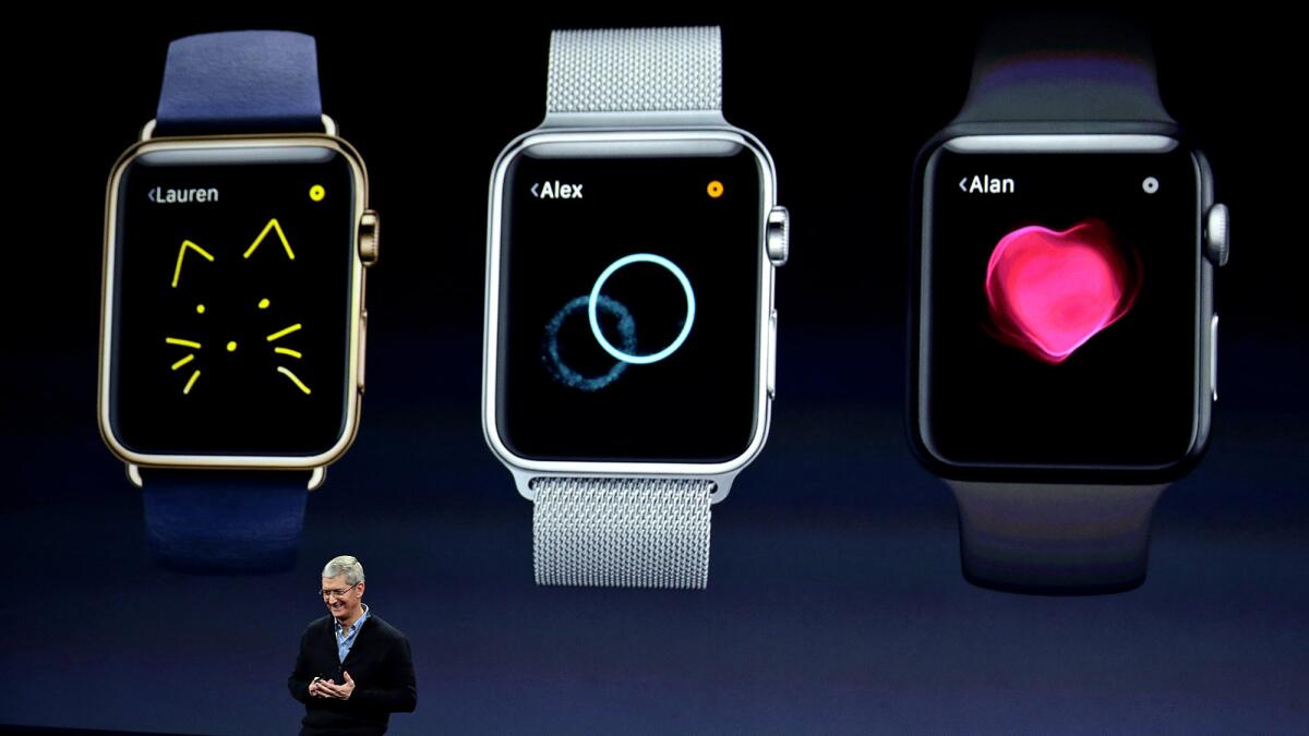 Apple CEO Tim Cook talks about the Apple Watch during a March 9 event in San Francisco.