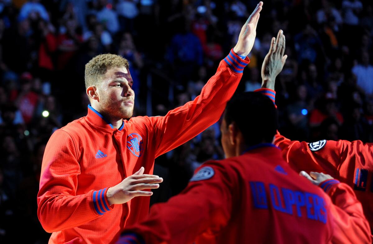 Clippers forward Blake Griffin is introduced before a game against the Lakers on April 5 at Staples Center.