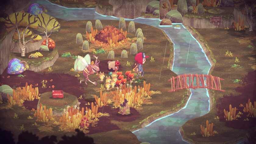 A video game scene shows a cartoon forest with small creatures and a stream with a bridge over it. 