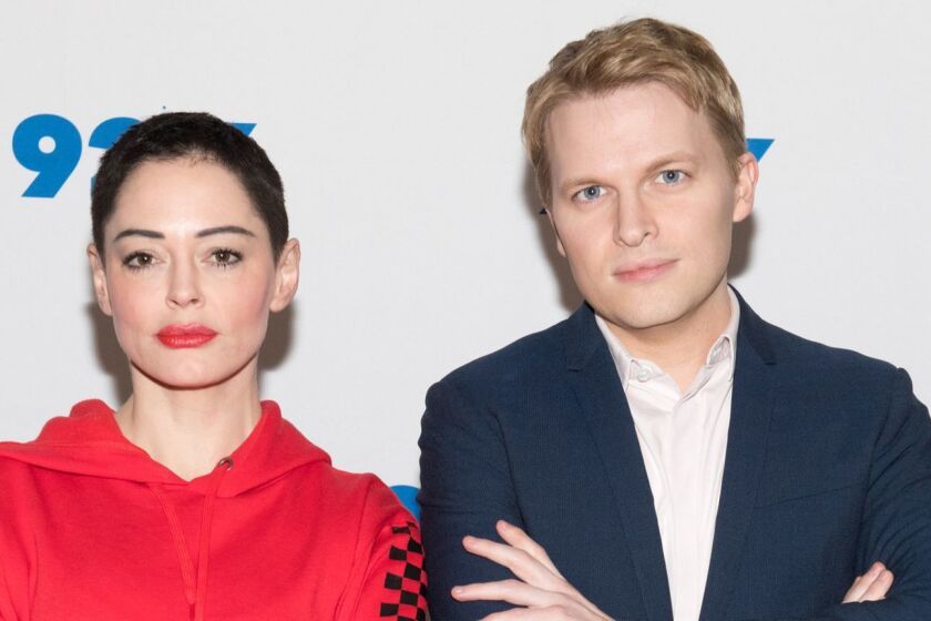 NEW YORK, NY - FEBRUARY 01: (L-R) Rose McGowan and Ronan Farrow visit 92Y at Kaufman Concert Hall on February 1, 2018 in New York City. (Photo by Noam Galai/Getty Images) ** OUTS - ELSENT, FPG, CM - OUTS * NM, PH, VA if sourced by CT, LA or MoD **