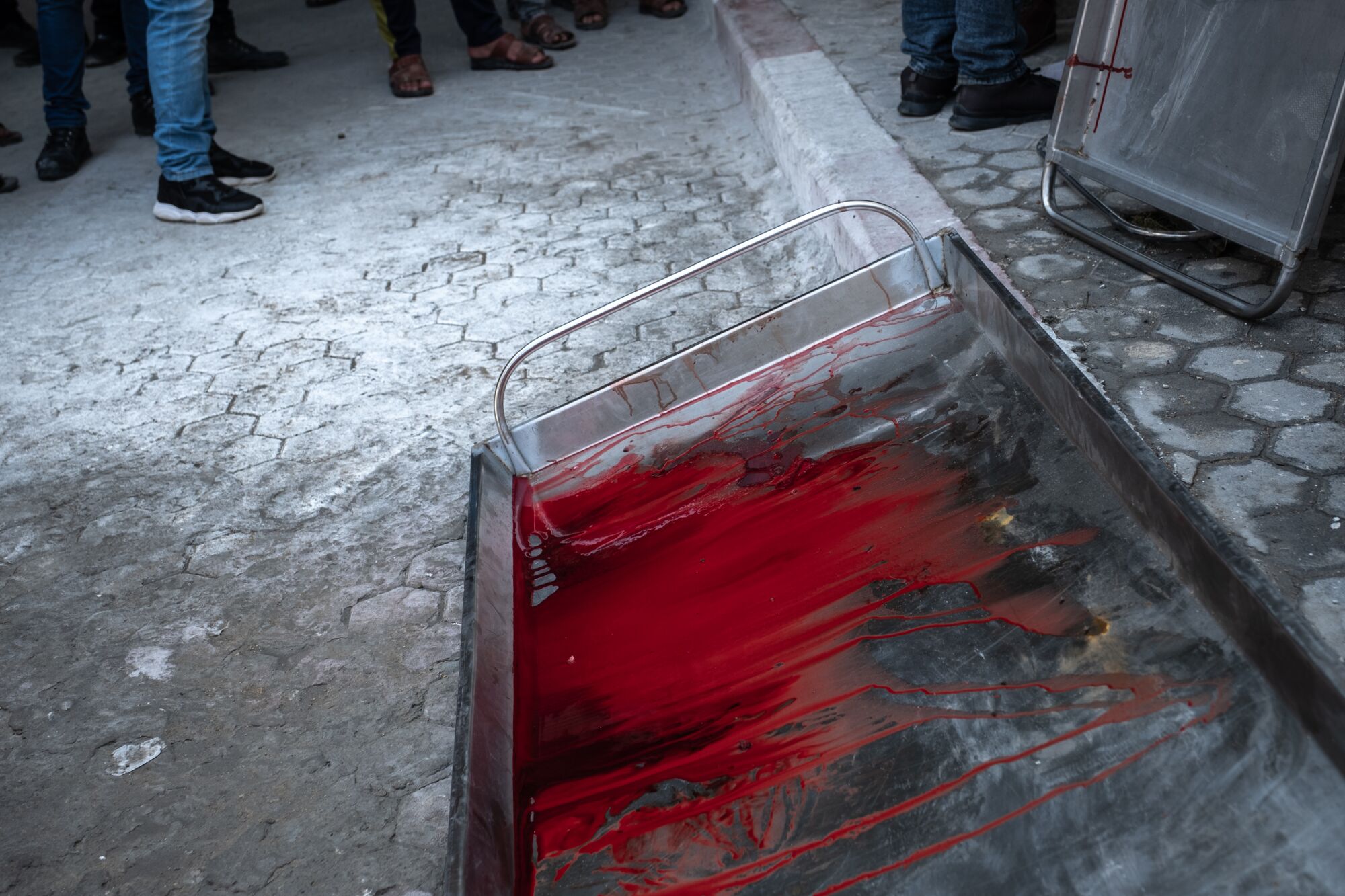 A metal pallet is covered with bright red blood