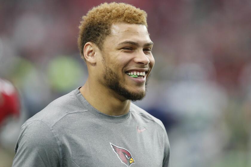 Cardinals free safety Tyrann Mathieu watches warm ups prior to a game against the Seahawks on Jan. 3.