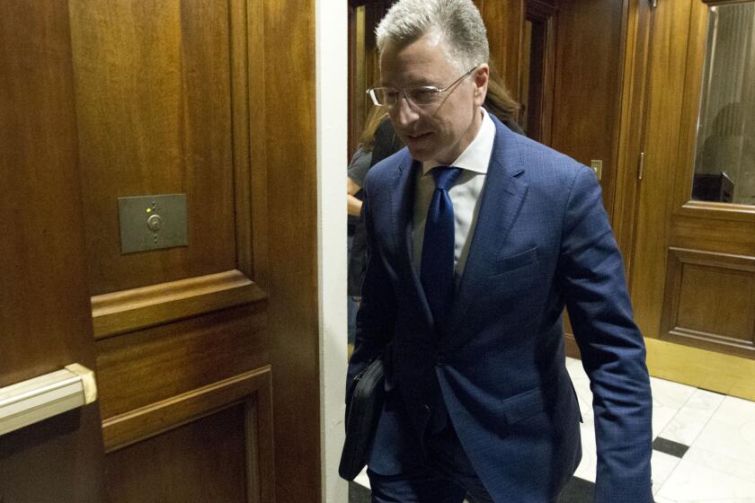 Kurt Volker, a former special envoy to Ukraine, is leaving after a closed-door interview with House investigators as House Democrats proceed with the impeachment investigation of President Donald Trump, at the Capitol in Washington, Thursday, Oct. 3, 2019. (AP Photo/Jose Luis Magana)