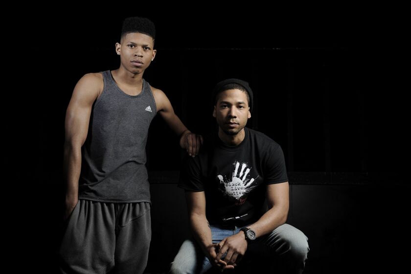 "I was recording my album in a home studio off of Fairfax," Jussie Smollett, right, said, "and then four weeks later I'm at the Hit Factory with Timbaland and Jim Beanz." He's pictured with rapper Bryshere Gray, who uses the stage name Yazz the Greatest.