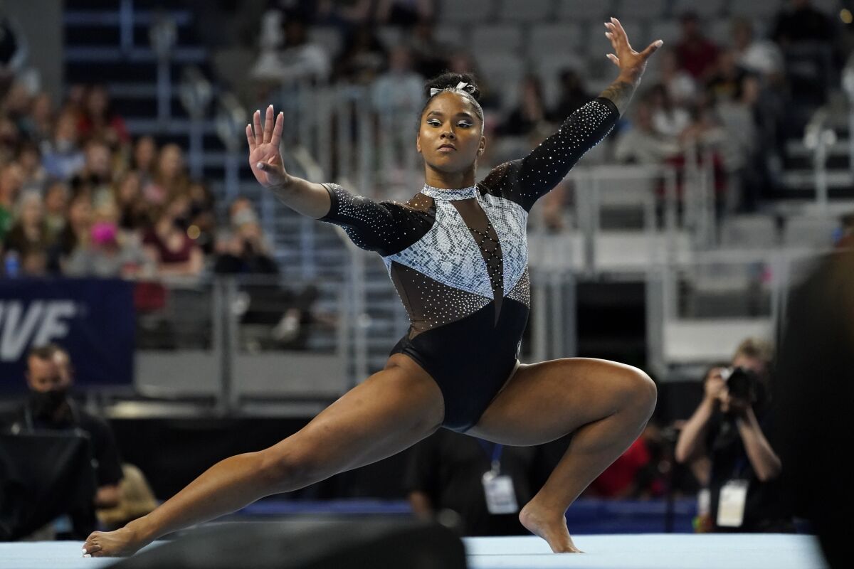 Jordan Chiles competes in the floor exercise during the U.S. Gymnastics Championships.