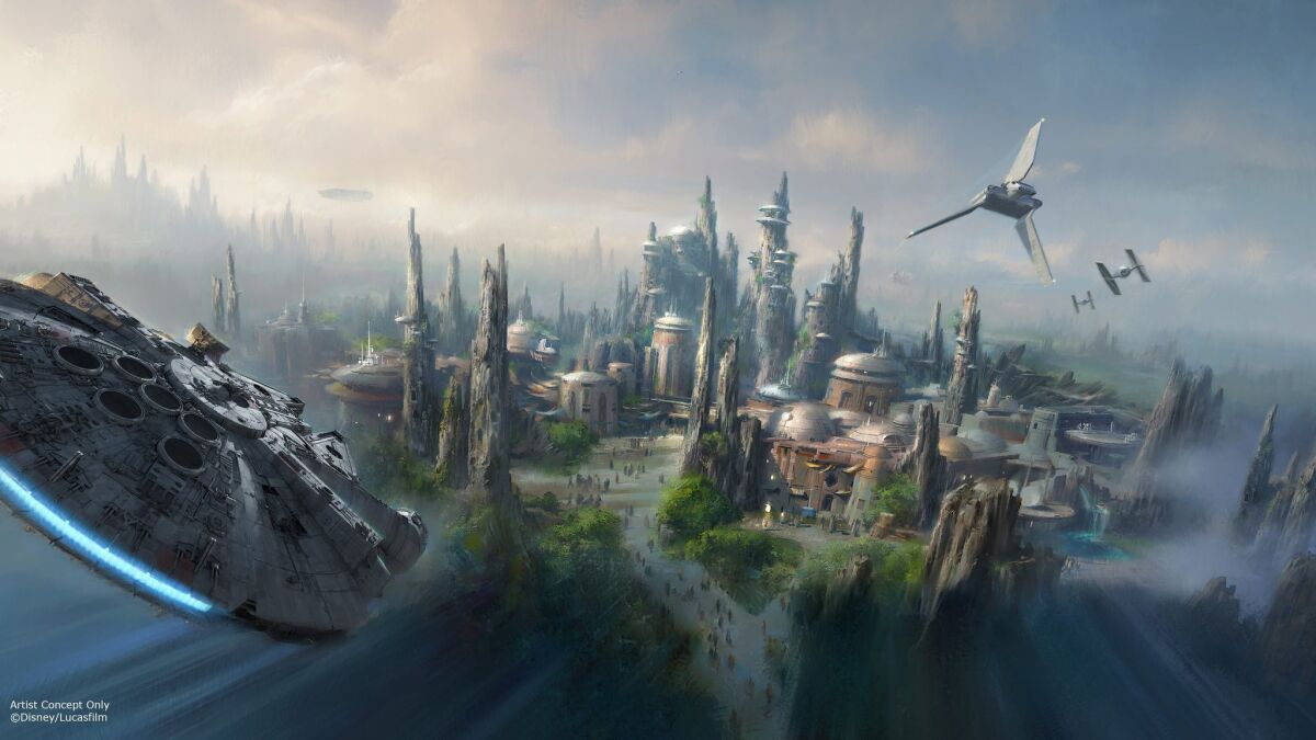 An illustration of a "Star Wars"-themed land that is coming to Disneyland in Anaheim and Disney’s Hollywood Studios in Orlando, Fla.